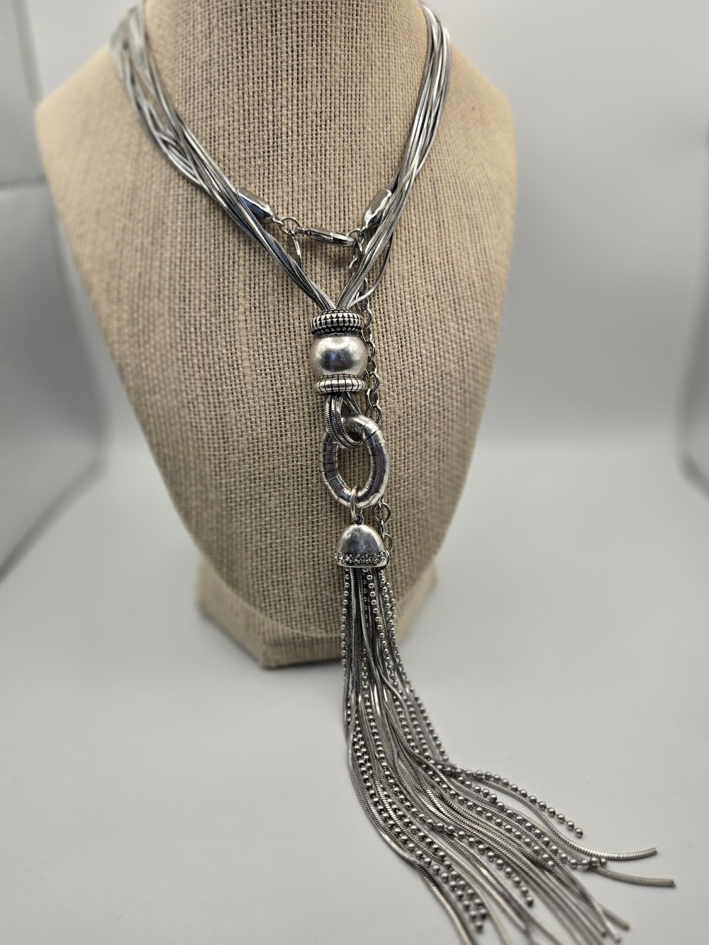 Chico's Long Silver Multi-Strand Tassel Drop Necklace Rhinestone Textured Boho